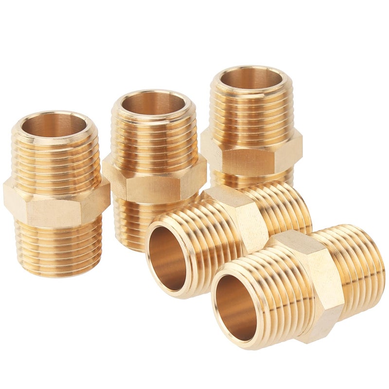 LTWFITTING Brass Pipe Hex Nipple Fitting 1/2 x 1/2 Inch Male Pipe NPT MNPT MPT Air Fuel Water(Pack of 5) - Image 1